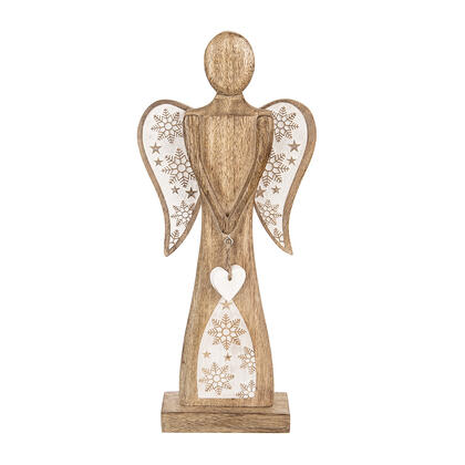 Dřevěný anděl MANGO s bílým srdcem a vločkami 45,5 cm 1