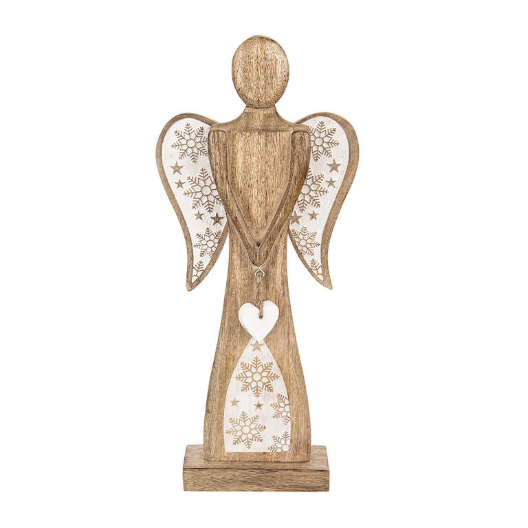 Levně Dřevěný anděl MANGO s bílým srdcem a vločkami 45,5 cm